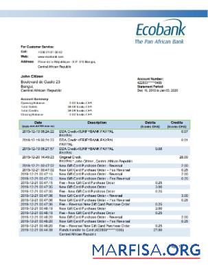 Downloadable Central African Republic Ecobank bank statement eexcel real example